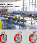 Heavy Duty Eight Inch Caster Wheels Set Of Four Polyurethane Swivel Casters With Six Thousand Pound Capacity Glides Like Butter For Shop Carts Two Brake And Two Rigid Mounts Ready To Roll in a workshop setting.