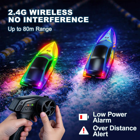 Two pack remote control boats featuring 7-mode LED lights, 10 inch RC speedboats, 15 KMH high speed, 2.4GHz remote shown in use