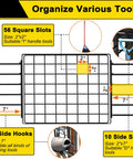 Diagram of Three Tier Garden Tool Organizer For Garage And Shed Heavy Duty Metal Tool Storage Rack with slots and hooks.