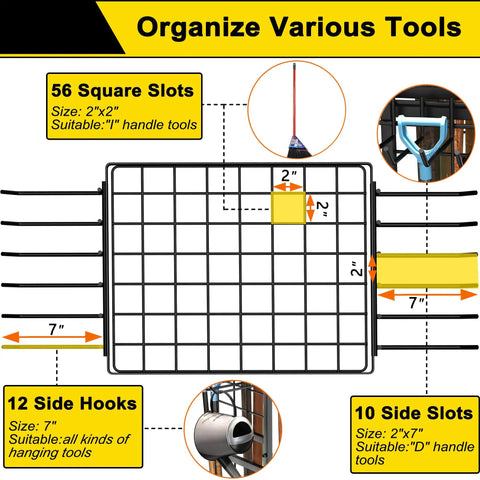 Diagram of Three Tier Garden Tool Organizer For Garage And Shed Heavy Duty Metal Tool Storage Rack with slots and hooks.