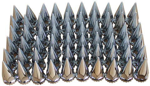 Chrome ABS Axle Cover Set With Hub Caps And 33mm Screw On Spiked Lug Nut Covers For Semi Trucks arranged in rows