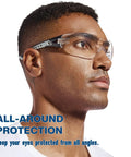 Badass Heavy Duty Safety Glasses Featuring Anti Fog And Scratch Resistant Lens For High Impact Protection And UV Blocking On Construction And DIY Sites Ansi Certified In Black side view on a man.