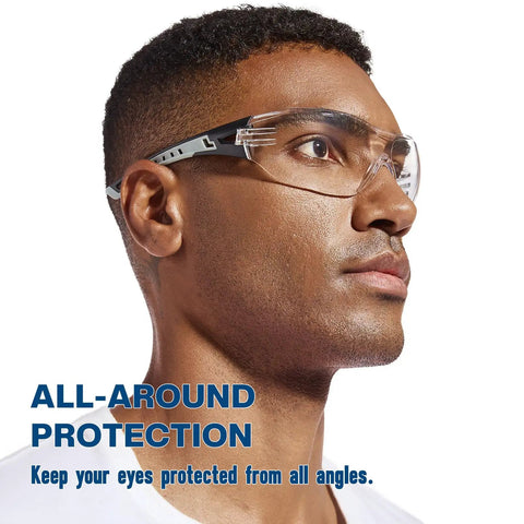 Badass Heavy Duty Safety Glasses Featuring Anti Fog And Scratch Resistant Lens For High Impact Protection And UV Blocking On Construction And DIY Sites Ansi Certified In Black side view on a man.