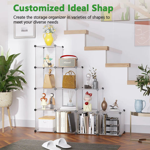 Versatile 12 Cube Storage Organizer for home and office with books, decor, and accessories displayed in a living room setting.