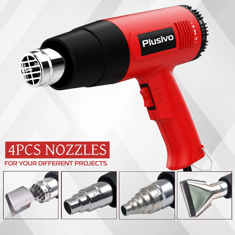 Beast 2000W Heat Gun with Dual Speed Airflow and Adjustable Temperature, red handle, black nozzle, four interchangeable nozzles