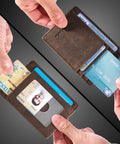 Ultra Slim Front Pocket Leather Wallet With RFID Blocking Minimalist Card Holder Only 0.12 Inch Thick Measures 3.1 X 4.4 Inches Perfect For Everyday Cashless Carry Use Everyday Essentials, showing hands placing cards into card slots