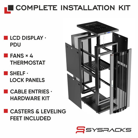 Heavy Duty 37U Server Rack Cabinet 39 Inch Deep Floor Standing Network Enclosure With Silent Blast Fans Top Tier Airflow Doors Straight Up 1600 Pound Load Rating For Home Lab Nas Setup, installation kit with LCD display, fans and shelves.