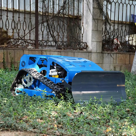 Blue tracked lawn mower workhorse for hills and rough terrain with wireless remote control cutting grass on uneven ground