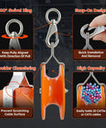 Two Pack Heavy Duty Cable Pulley Featuring A 360 Degree Swivel Ring and Anti Friction Bearing, showcasing snap-on design and shoulder chamfering.