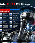 Set Of 4 MaxiTPMS Tire Pressure Sensors With 315MHz And 433MHz Snap In 1MX Rubber Stem, Tire Sensor Kit For Reprogramming TS408S TS508 TS508WF ITS600 MP900TS MS906 PRO TS displayed with tech specs on a tire background.