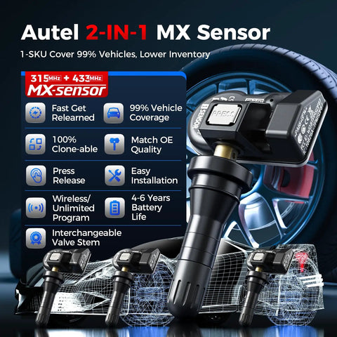 Set Of 4 MaxiTPMS Tire Pressure Sensors With 315MHz And 433MHz Snap In 1MX Rubber Stem, Tire Sensor Kit For Reprogramming TS408S TS508 TS508WF ITS600 MP900TS MS906 PRO TS displayed with tech specs on a tire background.