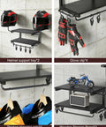 2-Tier Motorcycle Helmet Wall Mount Rack With Hat Stands, All-In-One Gear Storage Organizer in black holding helmets, gloves, jackets