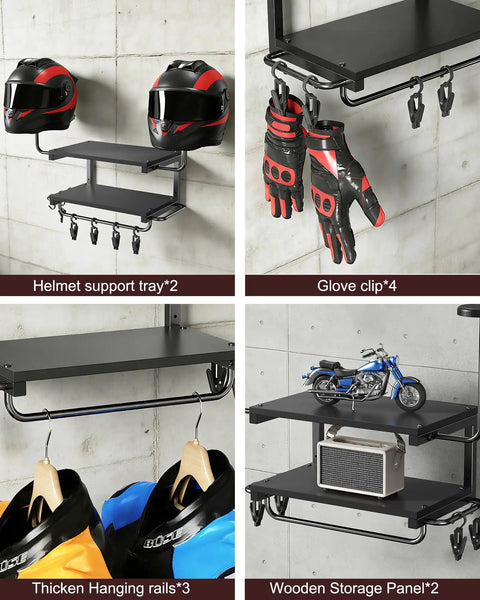 2-Tier Motorcycle Helmet Wall Mount Rack With Hat Stands, All-In-One Gear Storage Organizer in black holding helmets, gloves, jackets