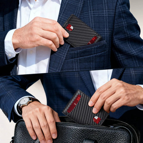 Man placing Ultra Slim RFID Blocking Wallet For Men With 12 Card Capacity, Two ID Windows And Cash Slot in suit pocket and bag