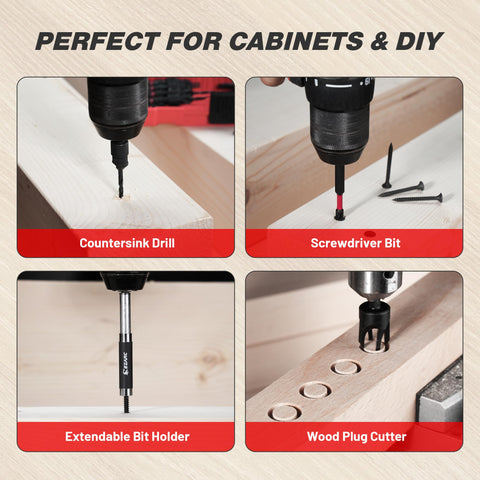 22-Piece Countersink Drill Bit Set with Wood Plug Cutters, Magnetic Extension Bit Holder, S2 Screwdriver Bits displayed in use