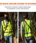 Worker wearing Sling Style Barcode Scanner Harness With Tethering Lanyard For Quick Access Built For The Grind Industrial Grade Tough