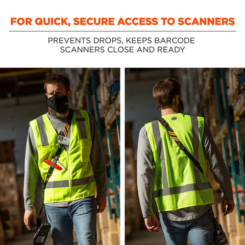 Worker wearing Sling Style Barcode Scanner Harness With Tethering Lanyard For Quick Access Built For The Grind Industrial Grade Tough