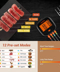 Digital display of WiFi Meat Thermometer For Smoker And Oven With Four Probes, showing temperature ranges and meat presets.