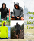 Men wearing UPF Fifty Plus Long Sleeve Sun Protection Shirt With Hooded Rash Guard Five Pack in outdoor settings.