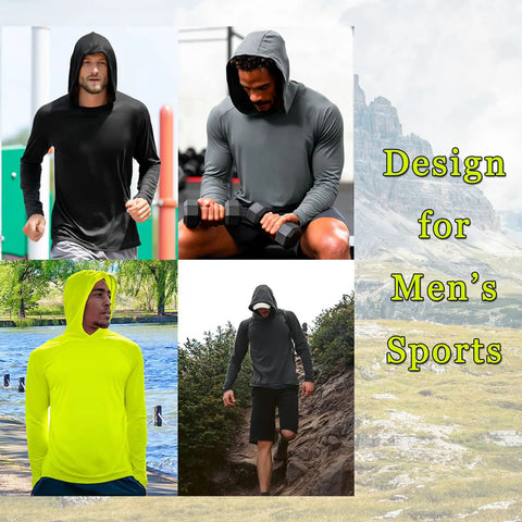 Men wearing UPF Fifty Plus Long Sleeve Sun Protection Shirt With Hooded Rash Guard Five Pack in outdoor settings.