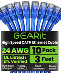Cat 6 Ethernet Patch Cable 3 Ft Blue Pack Of 10 Snagless RJ45 Cables For Router PC Server And Gaming Rig Setup
