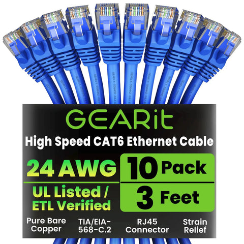 Cat 6 Ethernet Patch Cable 3 Ft Blue Pack Of 10 Snagless RJ45 Cables For Router PC Server And Gaming Rig Setup