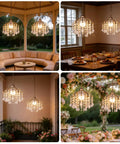Total Game Changer Two Piece Crystal Chandelier Set Battery Powered With Zero Hassle Setup Remote Control Dimmable Rgb Pendant Lights over outdoor seating area with lush greenery.
