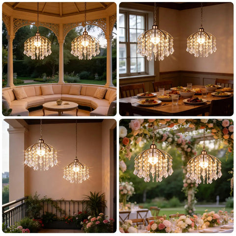 Total Game Changer Two Piece Crystal Chandelier Set Battery Powered With Zero Hassle Setup Remote Control Dimmable Rgb Pendant Lights over outdoor seating area with lush greenery.