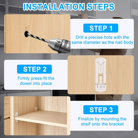 Installation steps for 24 Pack Self Locking Plastic Shelf Pegs For 5/8 Inch Shelves (16mm) with clear cabinet pins
