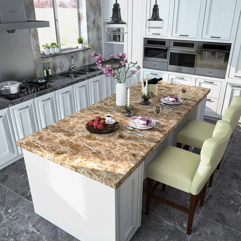 Kitchen island with Faux Marble Countertop Cover Peel And Stick Wallpaper Granite Contact Paper for Kitchen Cabinets, brown, waterproof.
