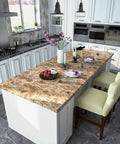 Kitchen counter with brown marble contact paper, waterproof peel and stick, enhancing decor with realistic vein pattern.