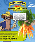 Pure Organic Mineral Dense Worm Castings Fertilizer packaging with illustration of worm and fresh carrots