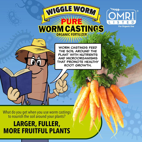 Pure Organic Mineral Dense Worm Castings Fertilizer packaging with illustration of worm and fresh carrots