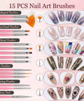 Beginner Home DIY Press On Nail Kit With 15 Nail Art Brushes showing different brush types and nail art designs