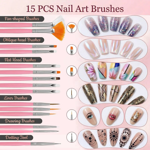 Beginner Home DIY Press On Nail Kit With 15 Nail Art Brushes showing different brush types and nail art designs