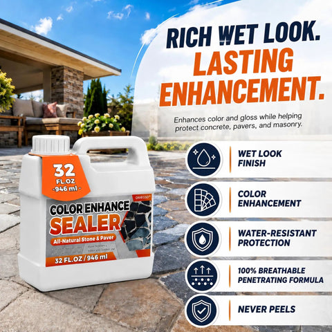 One Gallon Premium Wet Look Stone And Concrete Sealer enhances color and gloss on weathered pavers and walkways.