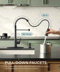 Heavy Duty Matte Black Kitchen Sink Faucet Pull Down Sprayer High Arc Swing Spout, 360° swivel action, shown in action filling a pot.