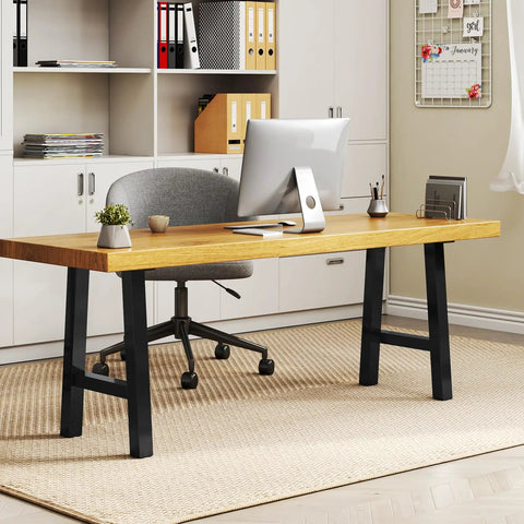 Modern desk with X Shaped 16 Inch Iron Table Legs Set Of 2 For DIY Dining And Coffee Tables, Heavy Duty Metal Bench Legs In Black Bake Finish