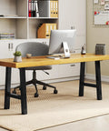 Office table with 16 Inch Black Iron Table Leg Set Of 2 For Dining Tables, Beefy Heavy Duty Metal Bench Legs, wooden top, computer setup