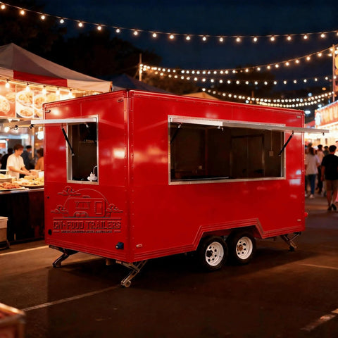 Turnkey Commercial Food Truck Trailer Ready To Roll Fully Loaded Mobile Kitchen Setup With Slick Prep Counter And Large Service Window at night market.