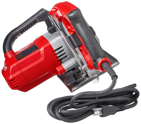 Dead Serious 8 Inch Corded Electric Circular Saw With Dry Cut Metal Cutting Technology And Chiptank Shield Heavy Duty Power Tool Kit 120 Volt showing red and silver design with power cord.