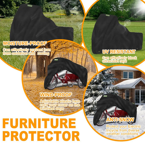 Adult Tricycle Cover Heavy Duty 600D Oxford Waterproof Fabric For Outdoor Storage Fits Three Wheel Electric Trike Protects From Dust Dirt Scratches Weatherproof All Weather Durable And Hard Wearing, black cover shown in four seasons