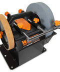 Two Direction Water Cooled Wet And Dry Sharpening System With A 10 Inch 220 Grit Stone And An 8 Inch Leather Strop Wheel Flip The Switch For Reverse Rotation 115 RPM For Precision And Universal Jig Support For Wide Accessory Compatibility.