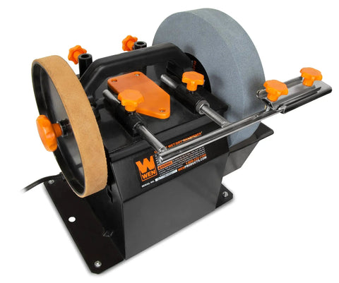 Two Direction Water Cooled Wet And Dry Sharpening System With A 10 Inch 220 Grit Stone And An 8 Inch Leather Strop Wheel Flip The Switch For Reverse Rotation 115 RPM For Precision And Universal Jig Support For Wide Accessory Compatibility.