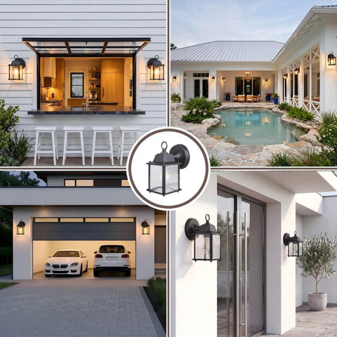 Built Tough E26 Outdoor Porch Light For Home Exterior Wall Matte Black Die Cast Aluminum And Clear Glass Wall Lantern near pool and garage.