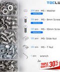 Rock Solid 680 Pieces M5 T Slot Nut And Screw Kit Pack with stainless steel washers and screws in organized layout.