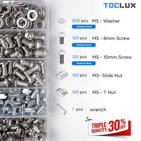 Rock Solid 680 Pieces M5 T Slot Nut And Screw Kit Pack with stainless steel washers and screws in organized layout.