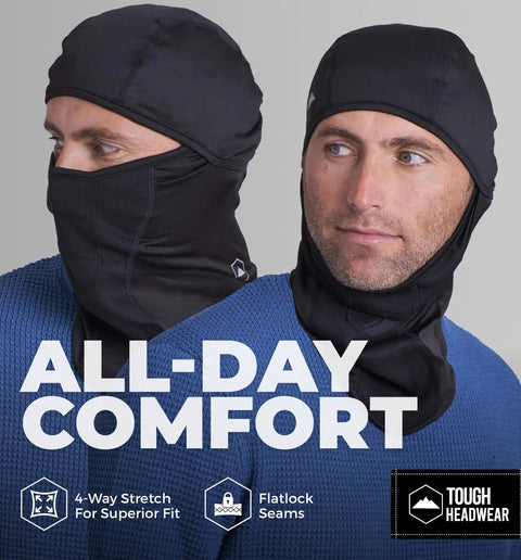 Two men wearing Ultra Soft Fleece Balaclava Ski Mask For Men And Women Warm As Heck Cold Weather Full Face Mask Black