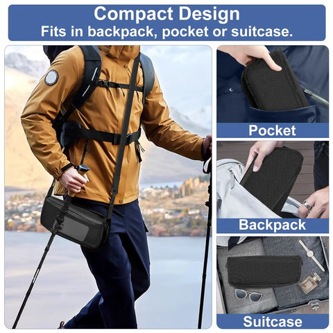 Ultralight Folding Camp Stool With Side Pocket And Carry Bag showing compact design with three storage options: pocket, backpack, suitcase.