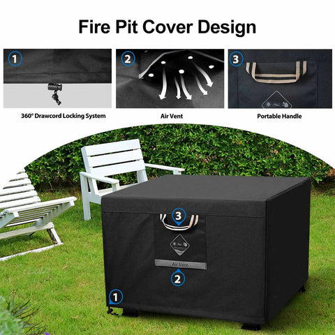 32 Inch Square Fire Pit Cover Heavy Duty Fabric Waterproof All Weather Outdoor Shield For Square Fire Pits And Tables Fits 28 To 32 Inch Pits Gas Pit Cover 24 Inch High with drawcord locking, air vent, and handle in garden